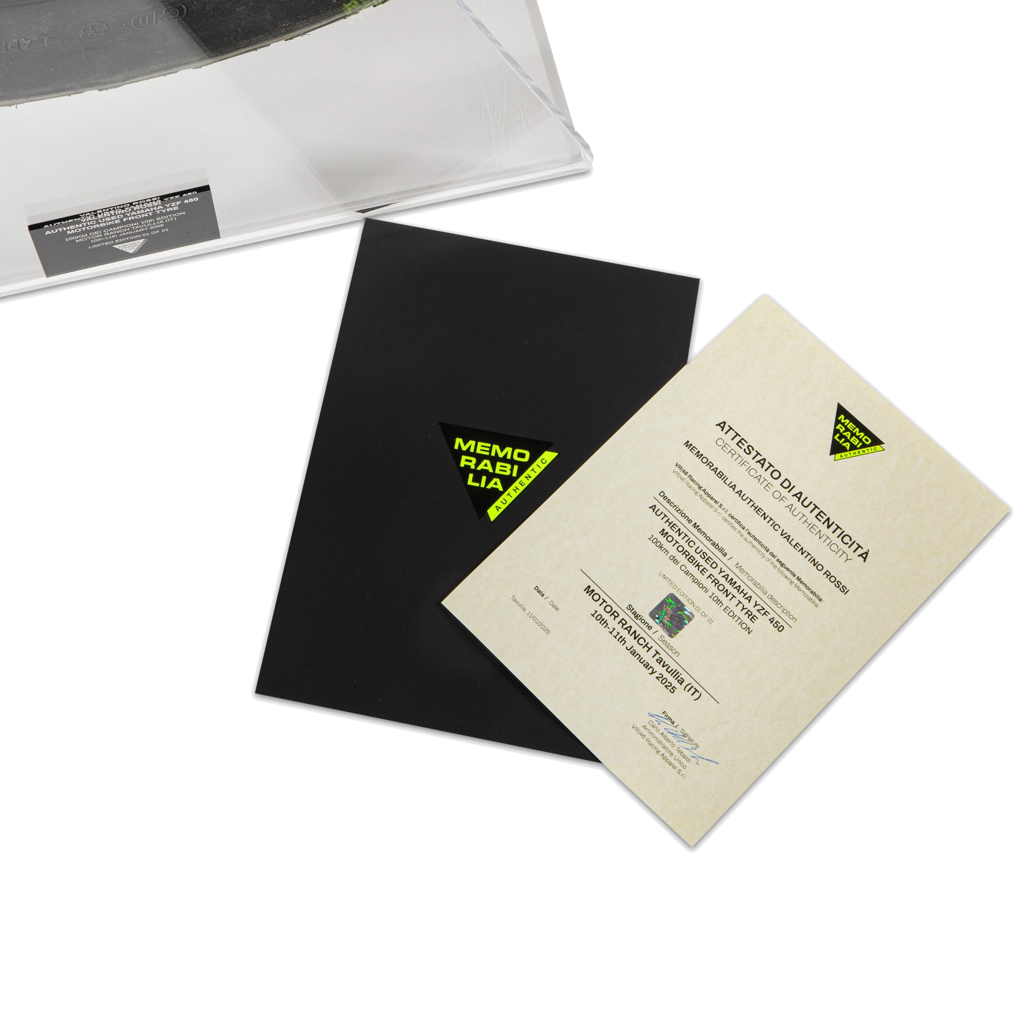 LOT 106 – Valentino Rossi 2025 10th Anniversary 100km Dei Campioni Signed & Used Front Tyre & Wheel