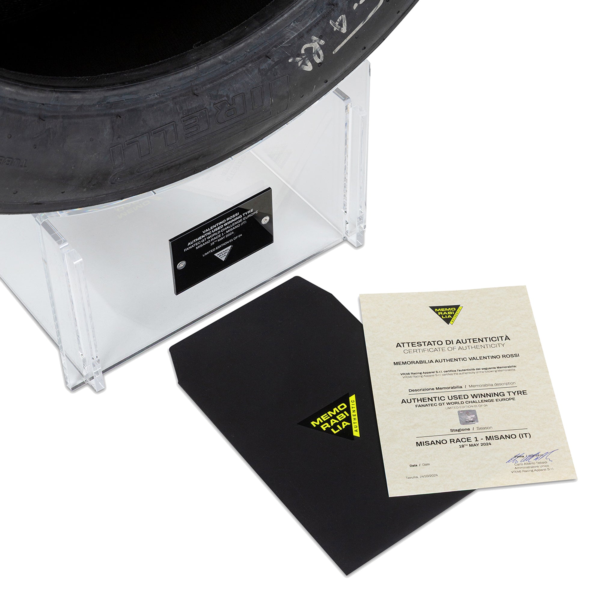 LOT 105 – Valentino Rossi 2024 Signed & Used Fanatec GT World Challenge Europe Race 1 Pirelli Rear Tyre