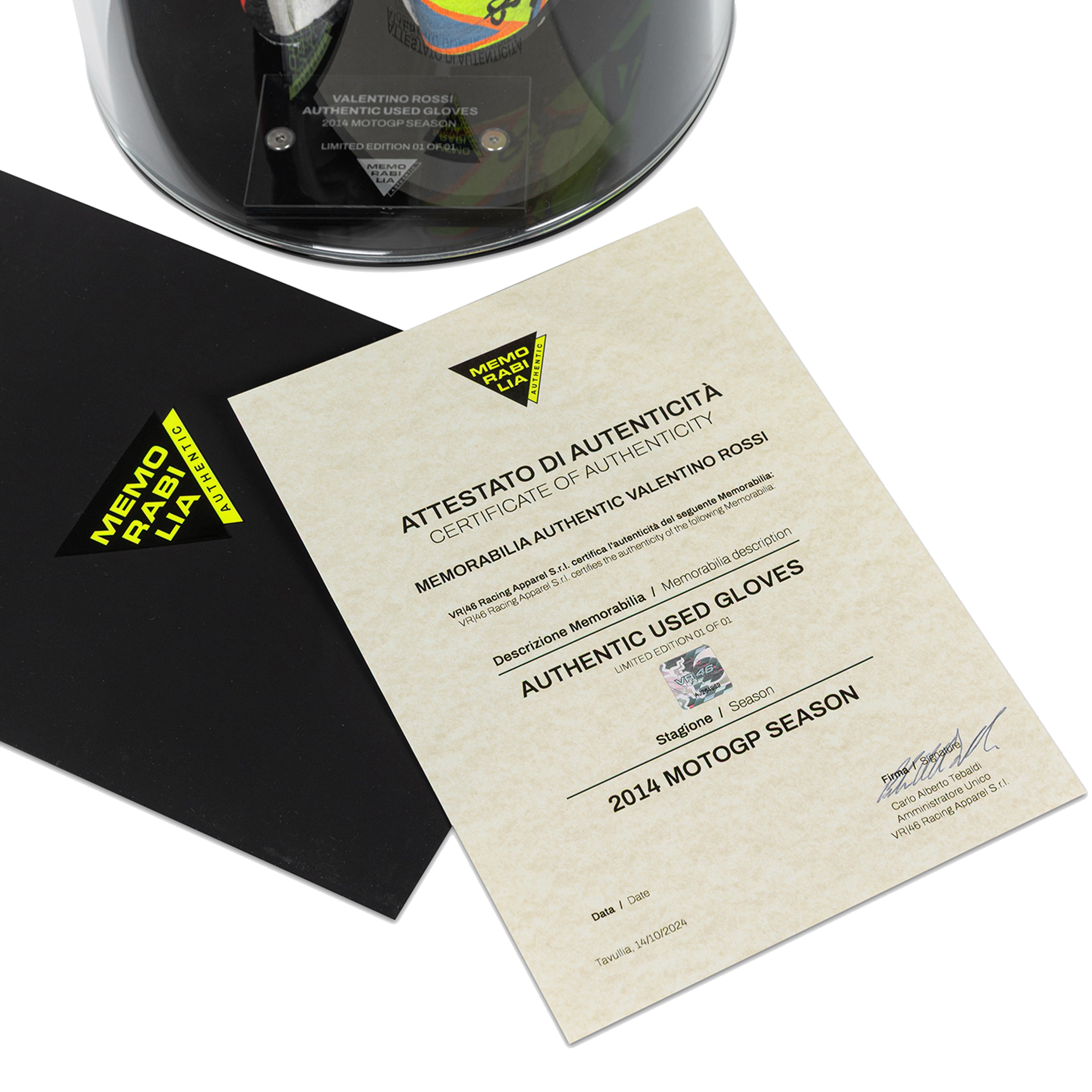 LOT 103 - VALENTINO ROSSI-2014 MOTOGP-MOVISTAR YAMAHA-GLOVES-USED-SIGNED