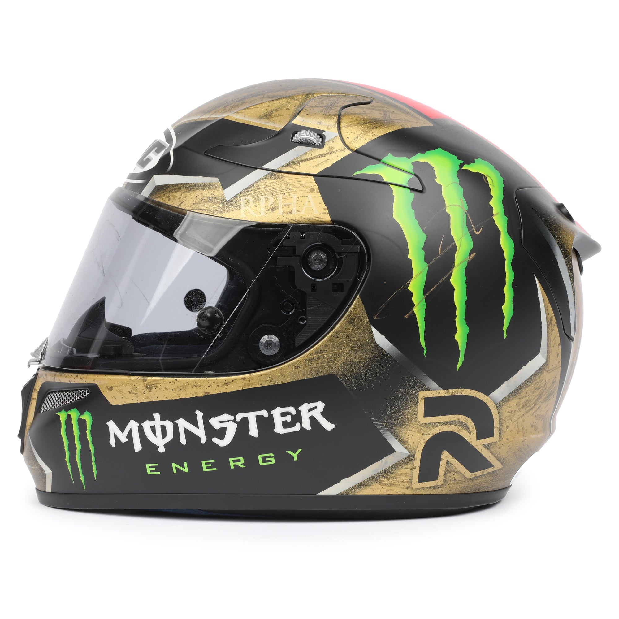 LOT 132 - Jorge Lorenzo Signed Full-Size Replica HJC RPHA 10 Pro Helmet - Gold Monster - 2015