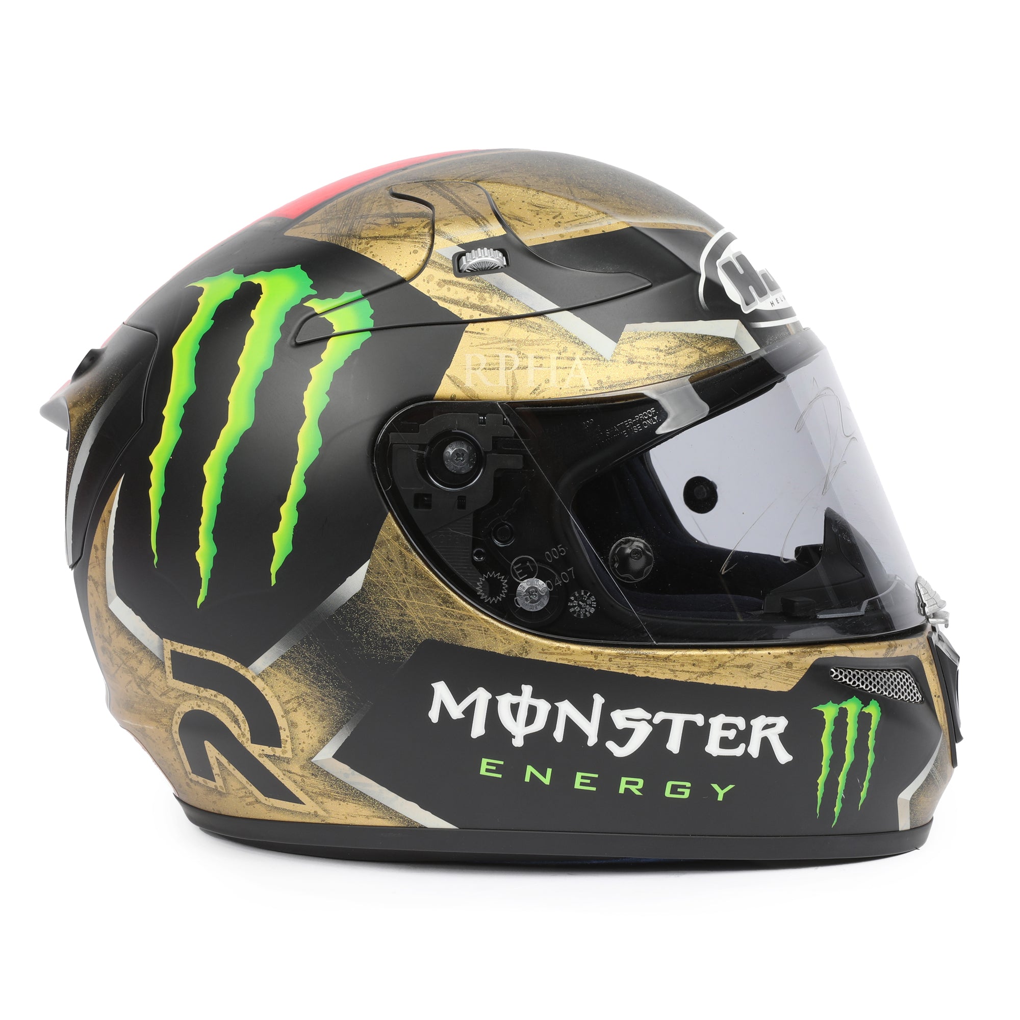 LOT 132 - Jorge Lorenzo Signed Full-Size Replica HJC RPHA 10 Pro Helmet - Gold Monster - 2015
