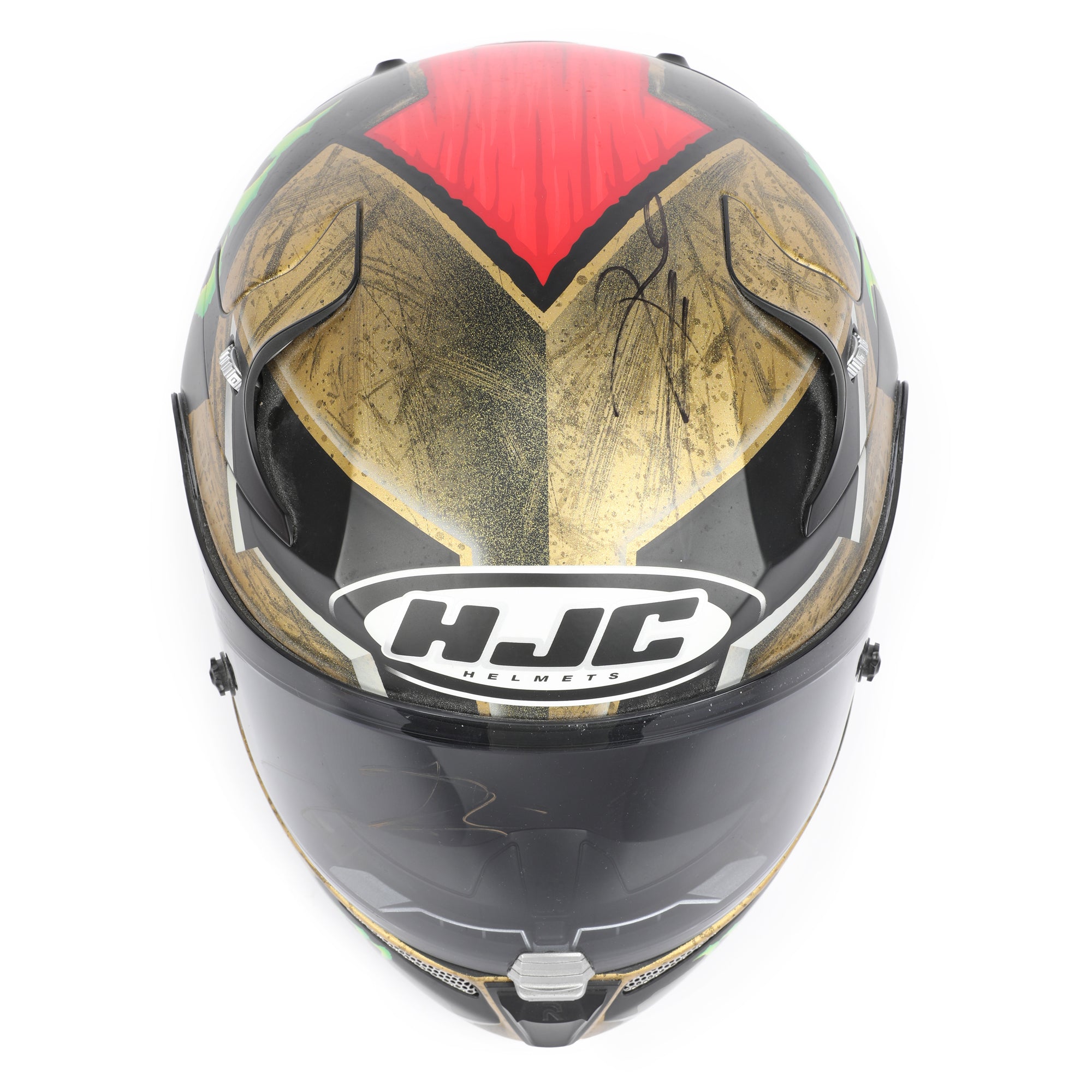 LOT 132 - Jorge Lorenzo Signed Full-Size Replica HJC RPHA 10 Pro Helmet - Gold Monster - 2015