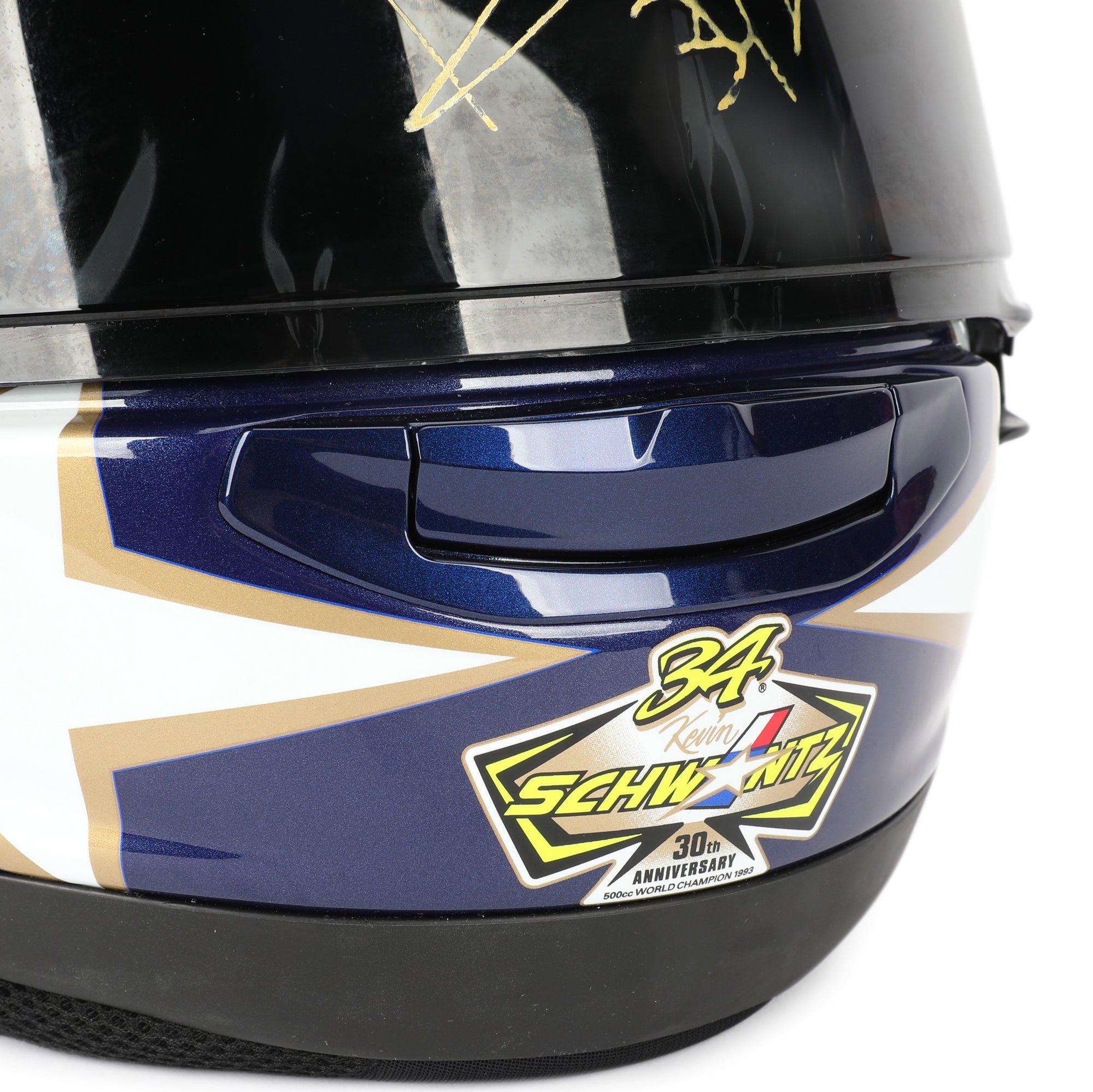 LOT 019 - Kevin Schwantz Signed Arai RX-7V Evo “Schwantz 30th Anniversary” Full-Size Helmet – Gold Signature On Visor