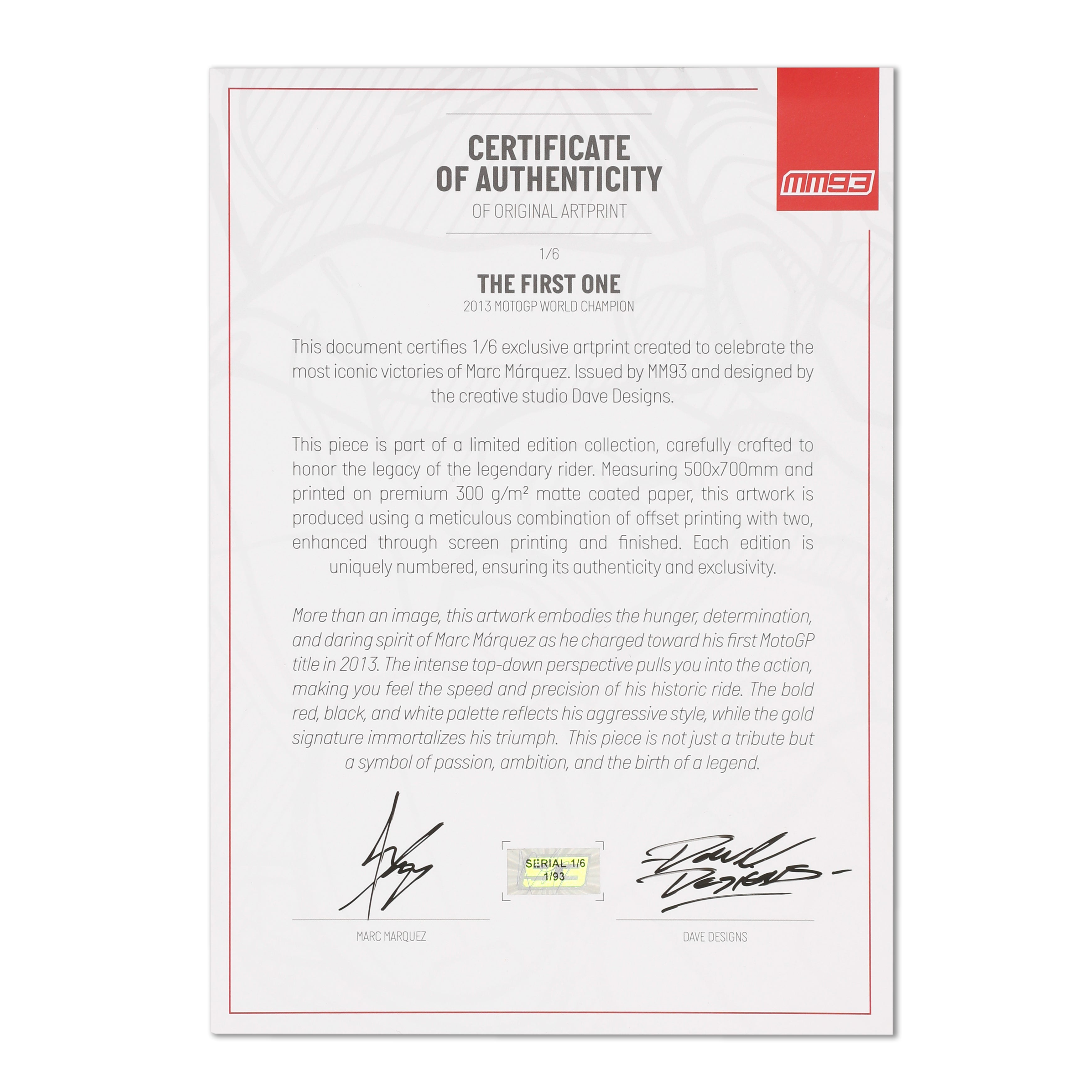 Marc Marquez Signed Limited Edition 2013 Title Print - MM93 x Dave Designs