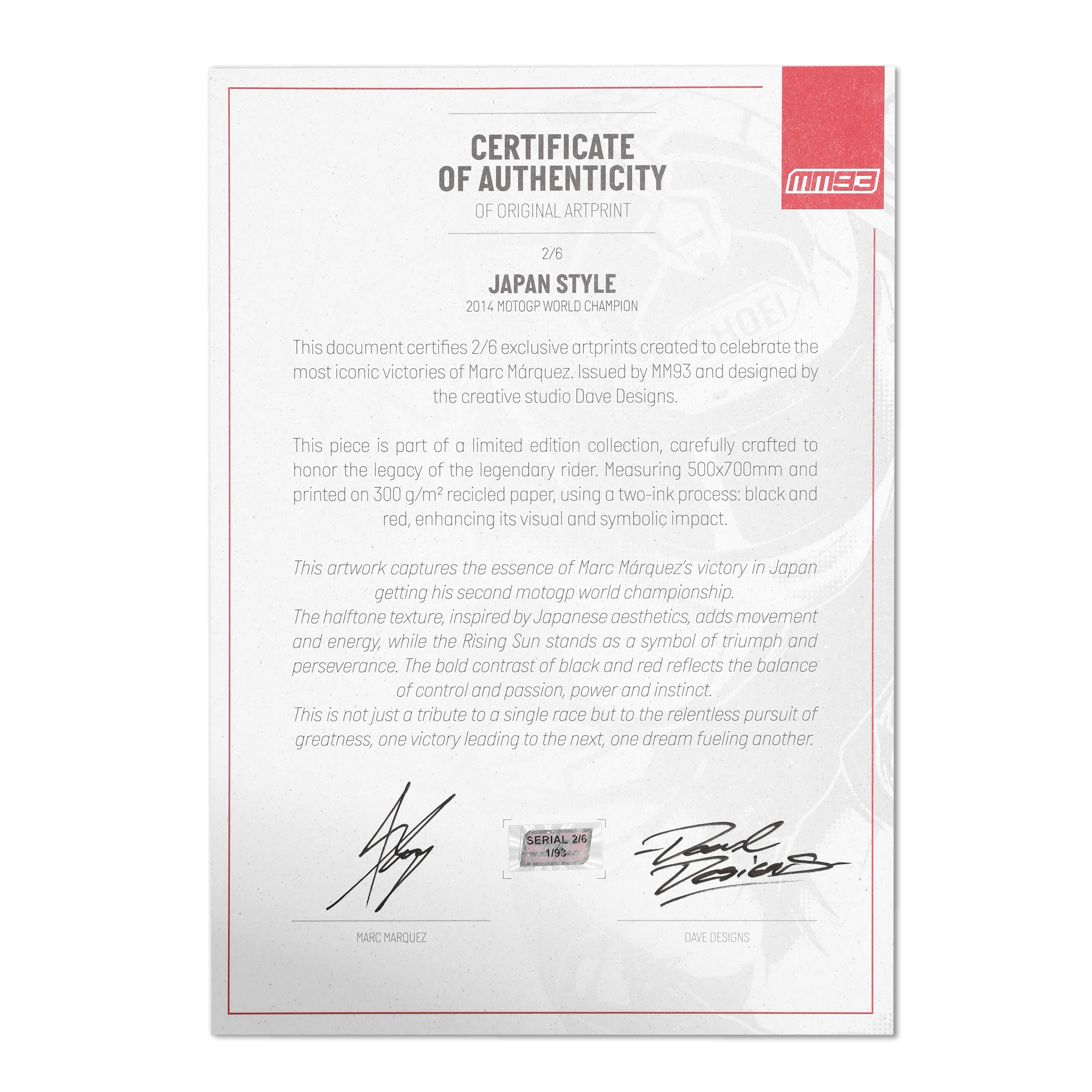 Impresión de título de edición limitada firmada por Marc Márquez de 2013 - MM93 x Dave Designs