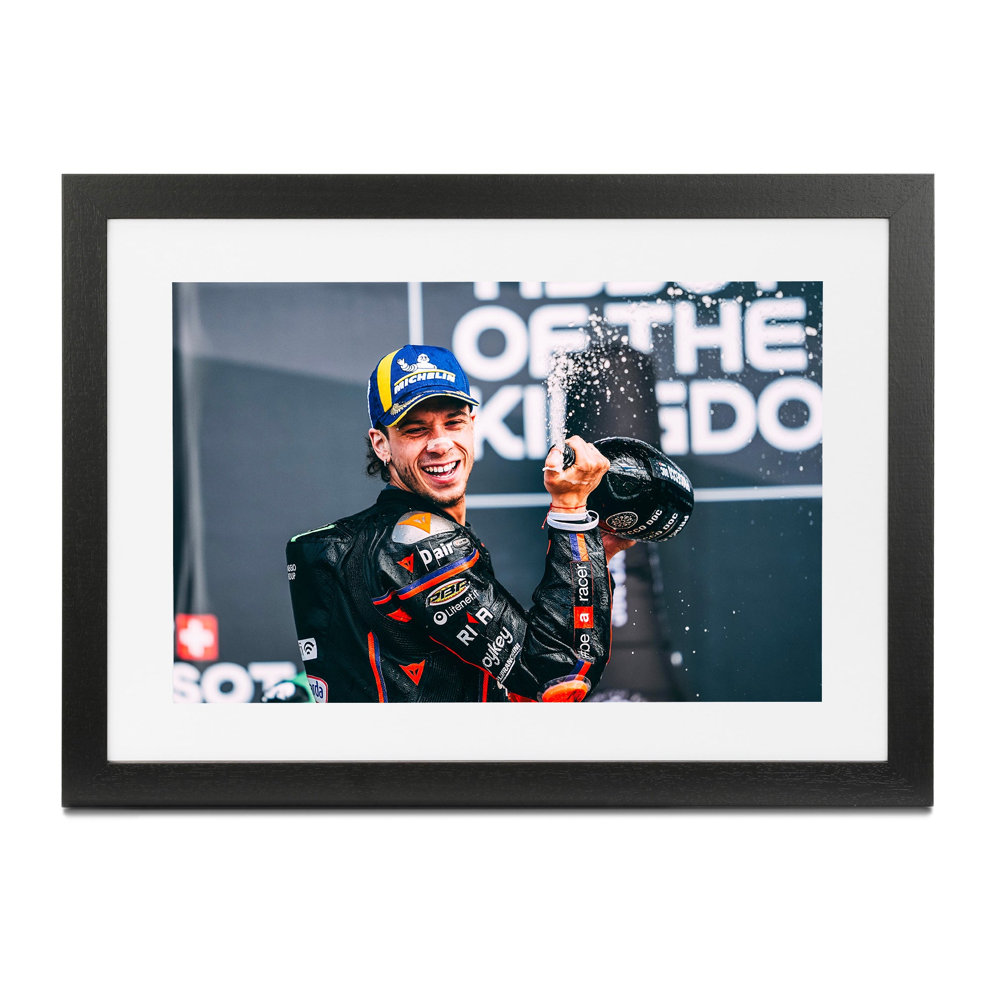 Marco Bezzechi Aprilia Racing Podium Celebration Framed Print - United Kingdom 2025