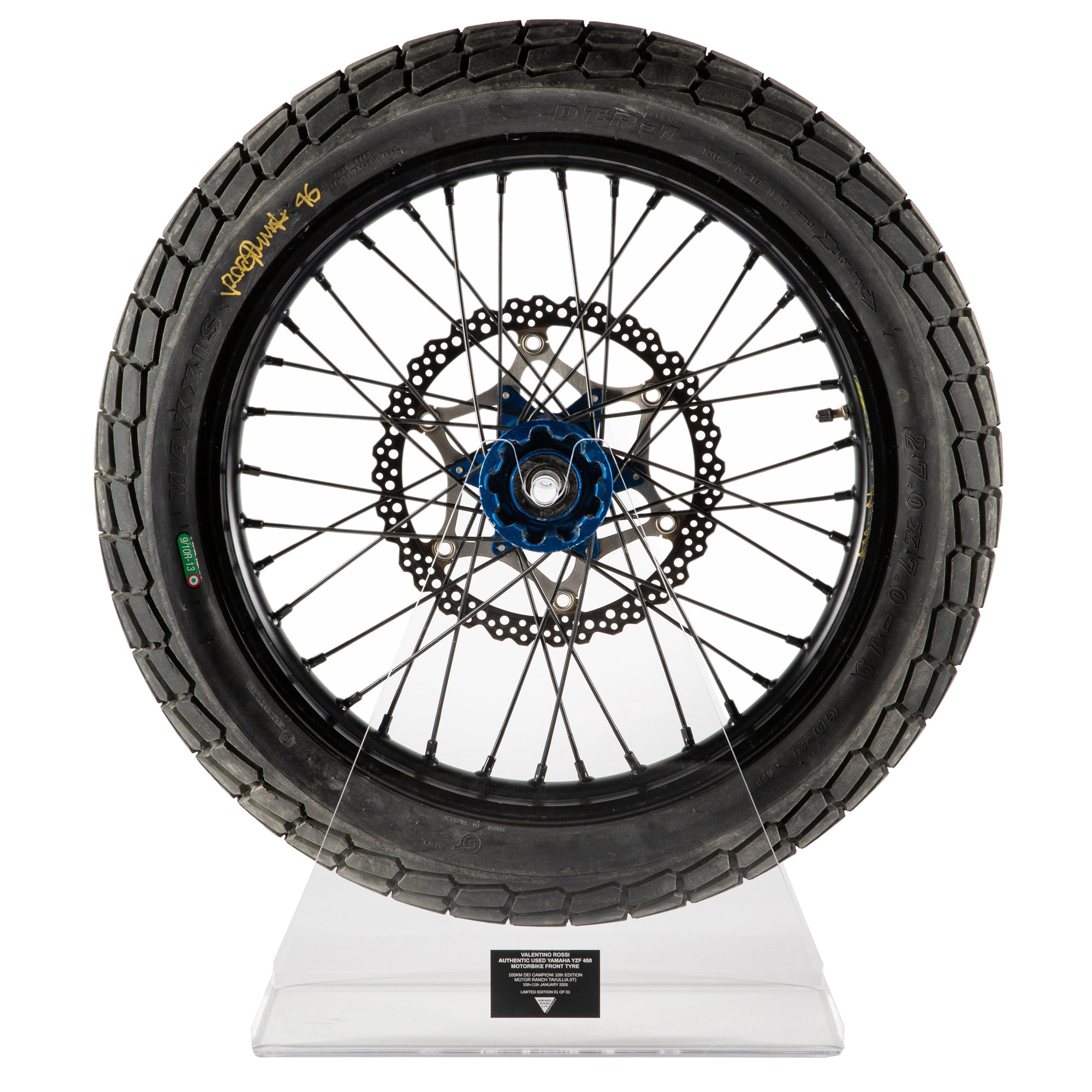 LOT 106 – Valentino Rossi 2025 10th Anniversary 100km Dei Campioni Signed & Used Front Tyre & Wheel