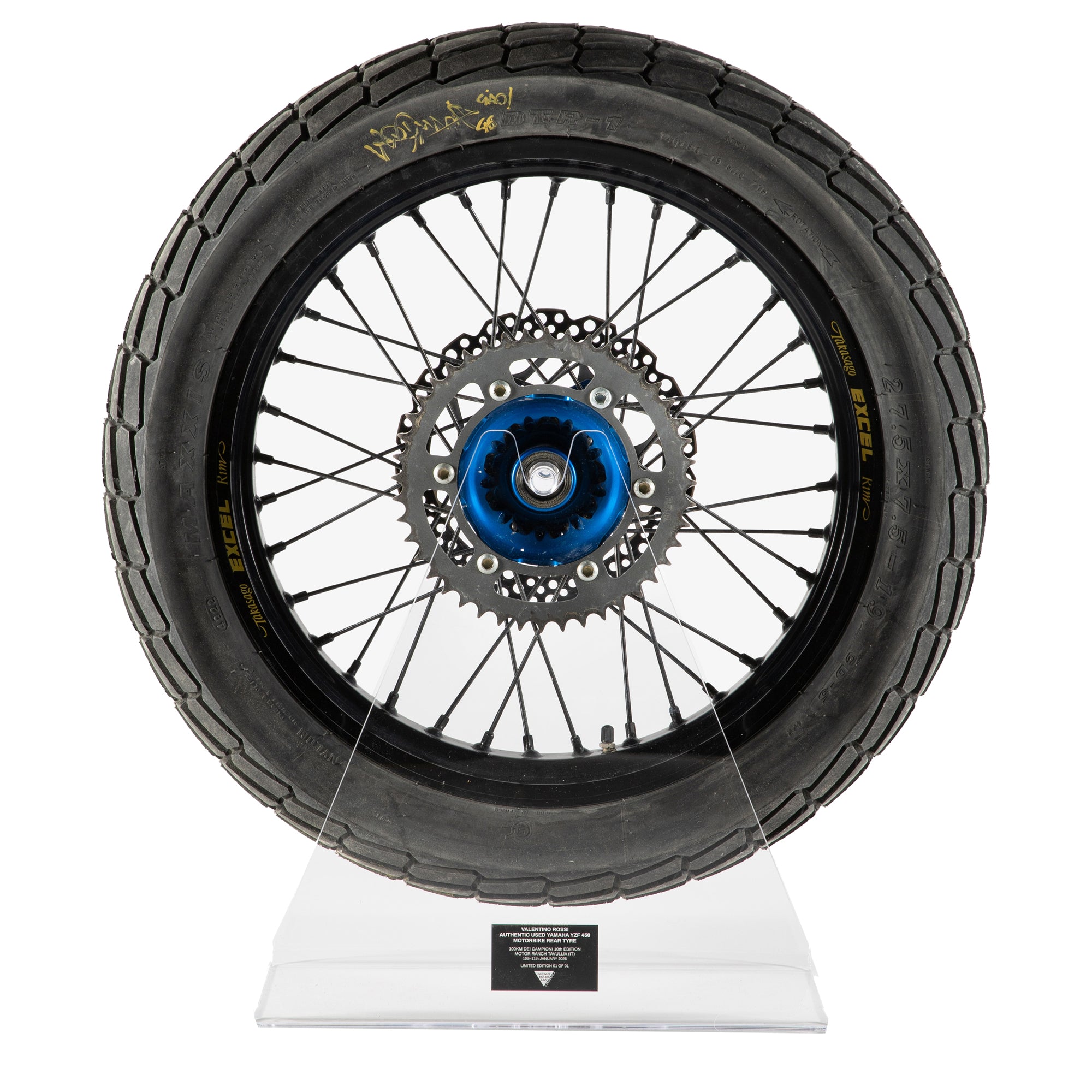 LOT 107 – Valentino Rossi 2025 10th Anniversary 100km Dei Campioni Signed & Used Rear Tyre & Wheel