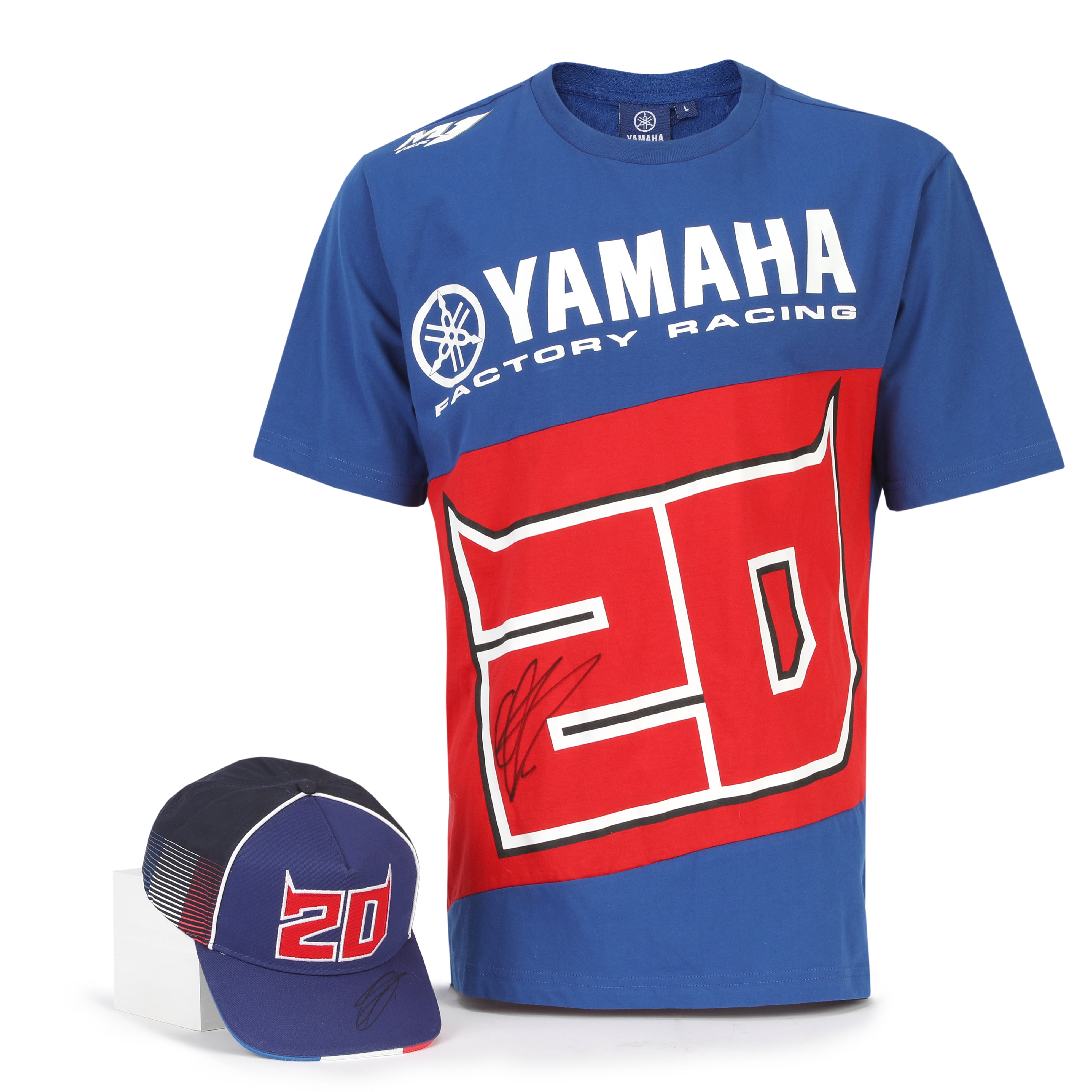 LOT 065 - Fabio Quartararo Signed Bundle – #20 Blue Yamaha Cap & Yamaha Racing T-Shirt (Size Large) – New With Tags