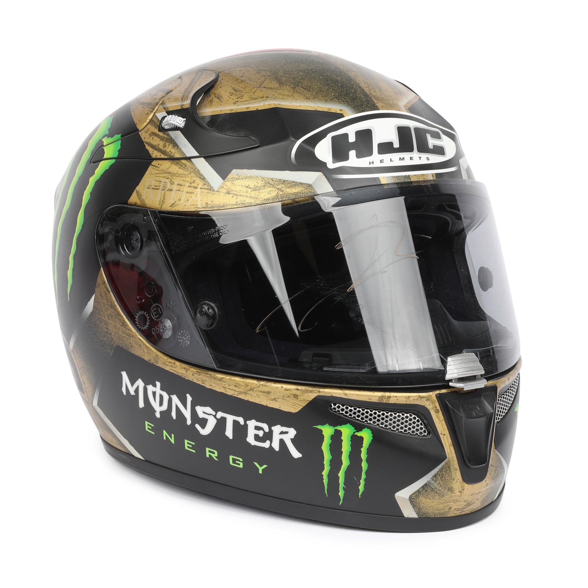 LOT 132 - Jorge Lorenzo Signed Full-Size Replica HJC RPHA 10 Pro Helmet - Gold Monster - 2015