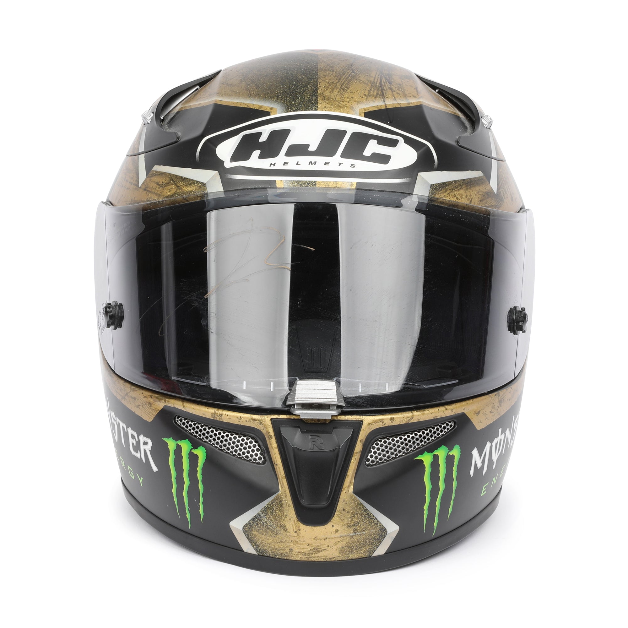 LOT 132 - Jorge Lorenzo Signed Full-Size Replica HJC RPHA 10 Pro Helmet - Gold Monster - 2015
