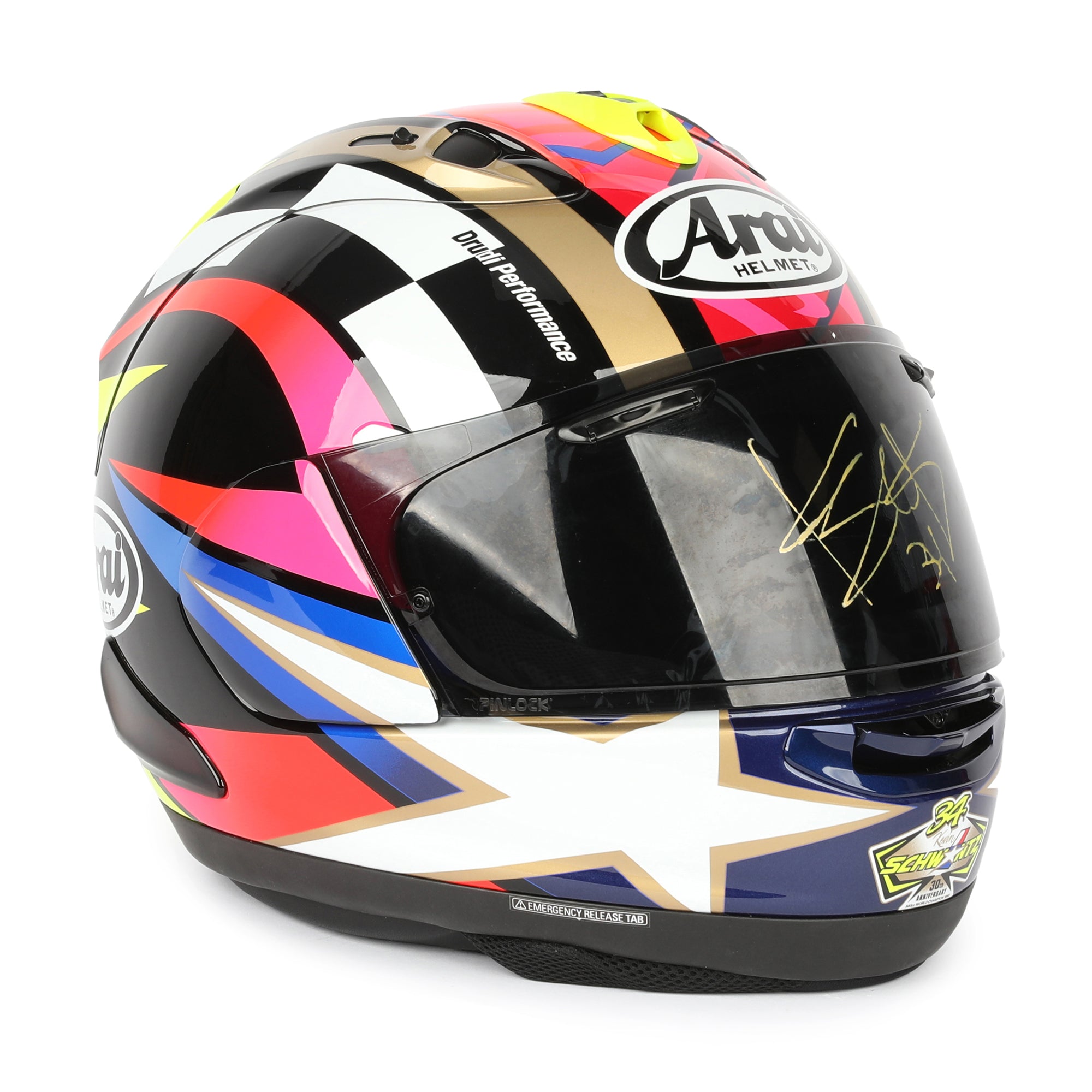 LOT 019 - Kevin Schwantz Signed Arai RX-7V Evo “Schwantz 30th Anniversary” Full-Size Helmet – Gold Signature On Visor