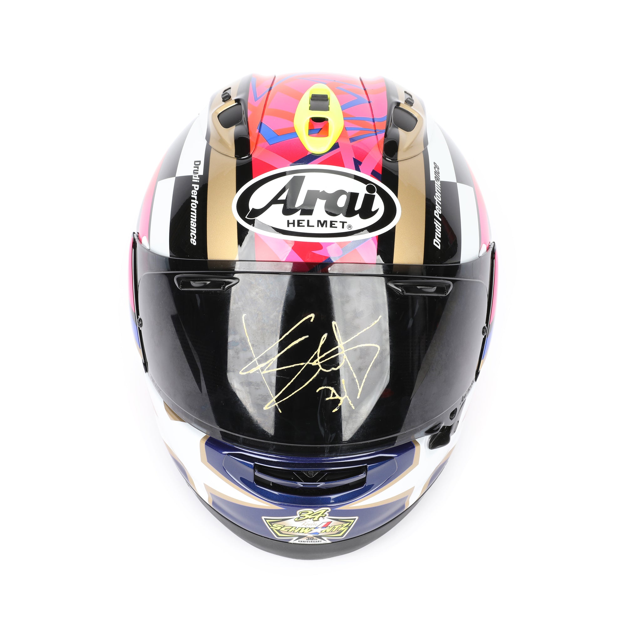 LOT 019 - Kevin Schwantz Signed Arai RX-7V Evo “Schwantz 30th Anniversary” Full-Size Helmet – Gold Signature On Visor