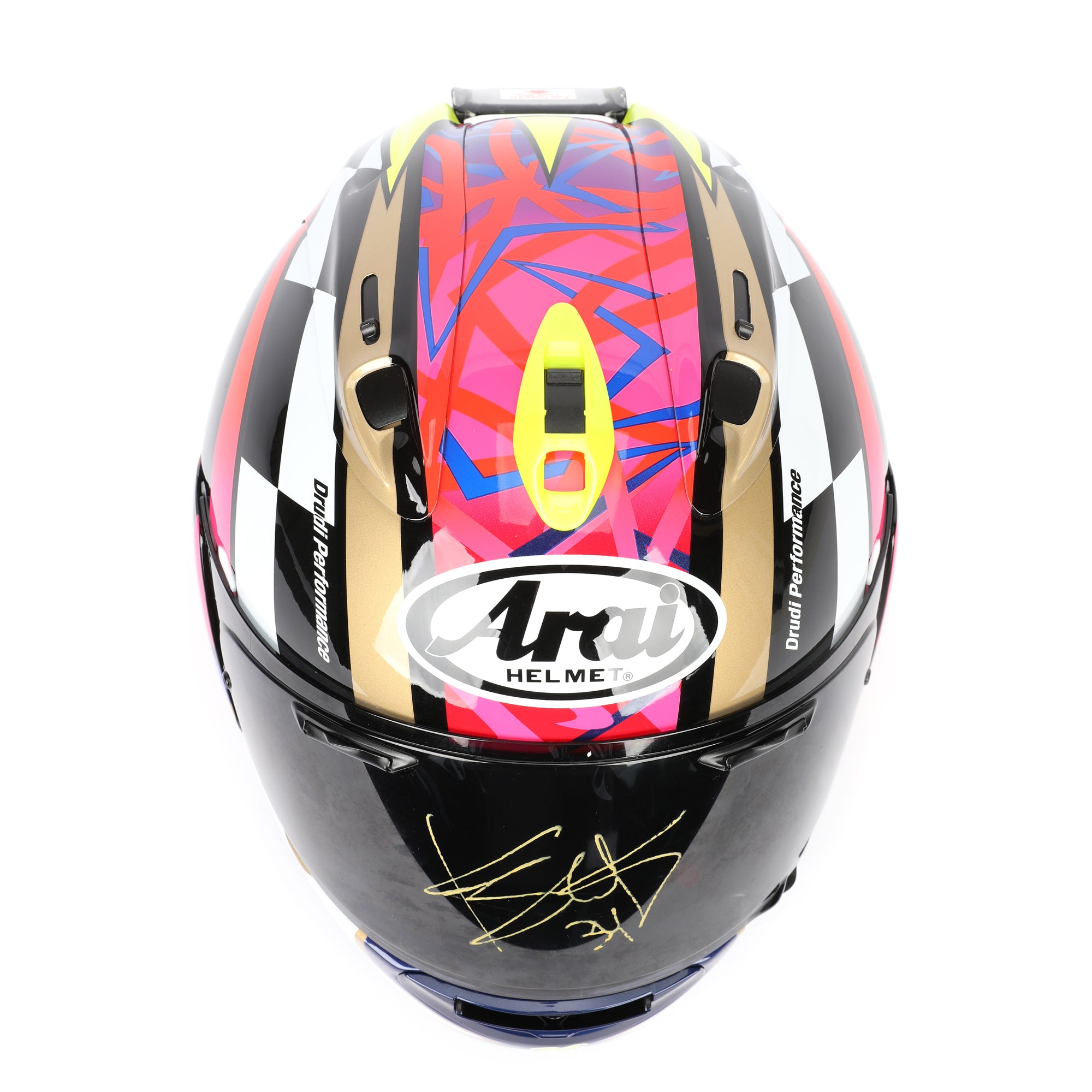 LOT 019 - Kevin Schwantz Signed Arai RX-7V Evo “Schwantz 30th Anniversary” Full-Size Helmet – Gold Signature On Visor