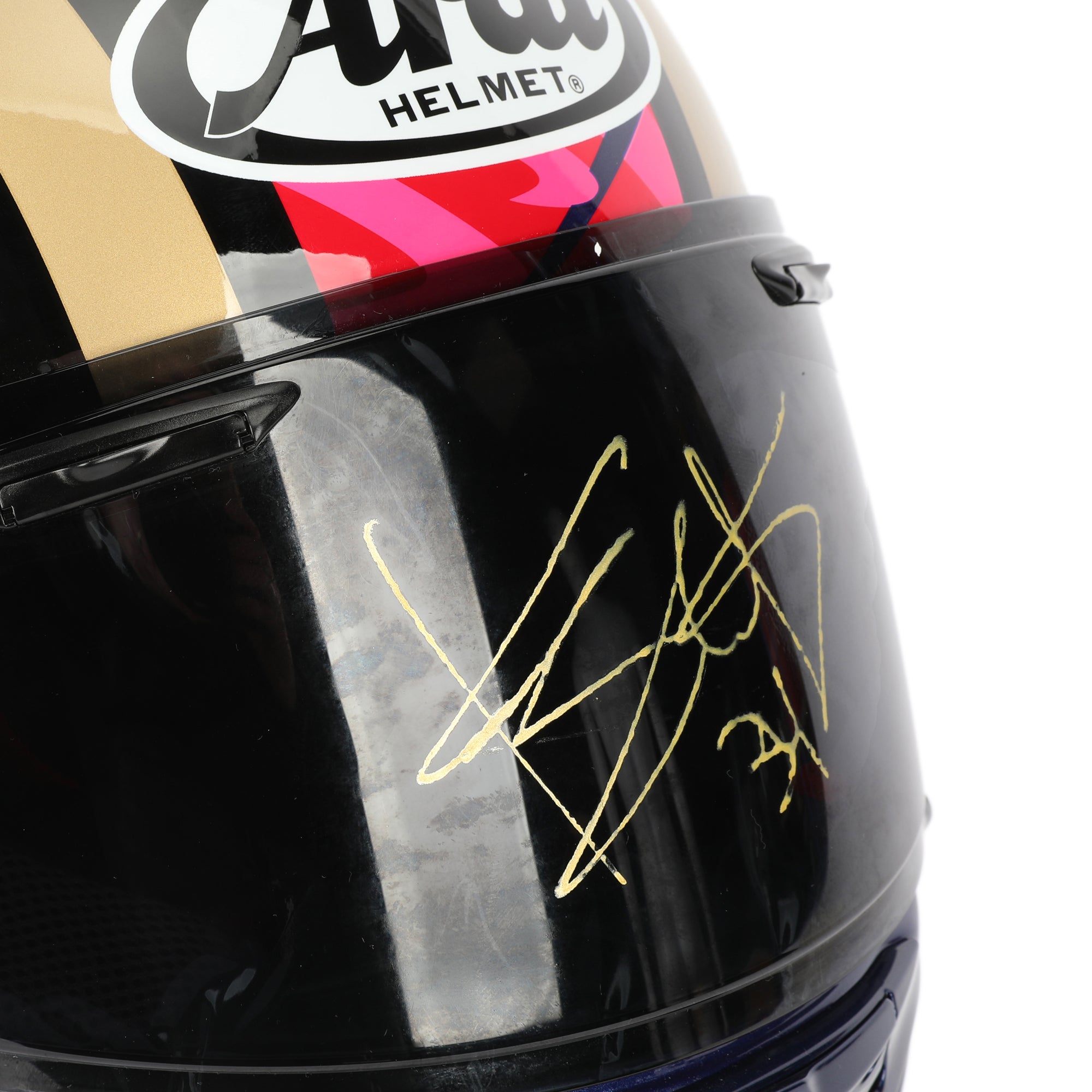 LOT 019 - Kevin Schwantz Signed Arai RX-7V Evo “Schwantz 30th Anniversary” Full-Size Helmet – Gold Signature On Visor