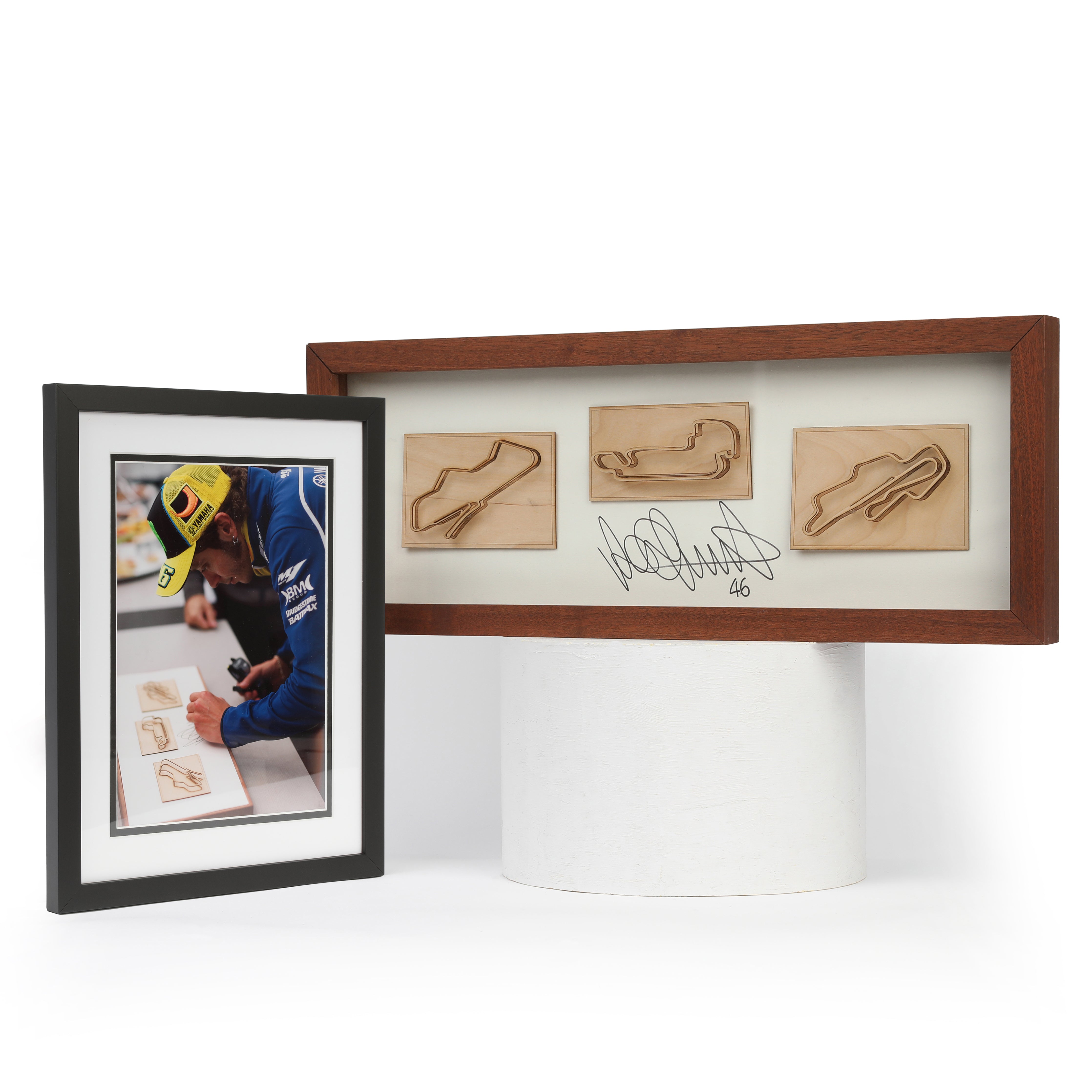 LOT 076 - Valentino Rossi Framed Wooden Racetrack Display – Donington, Mugello, and Indianapolis – Signed