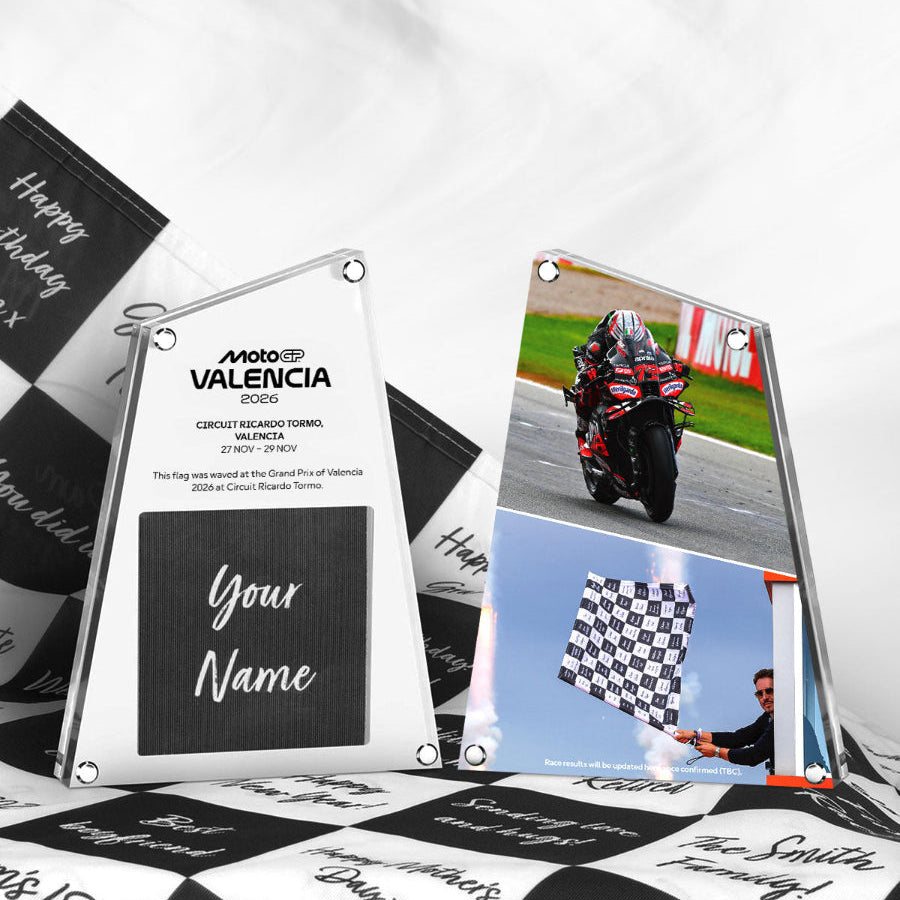 Motorcycle racing flag with personalized name on a checkered background