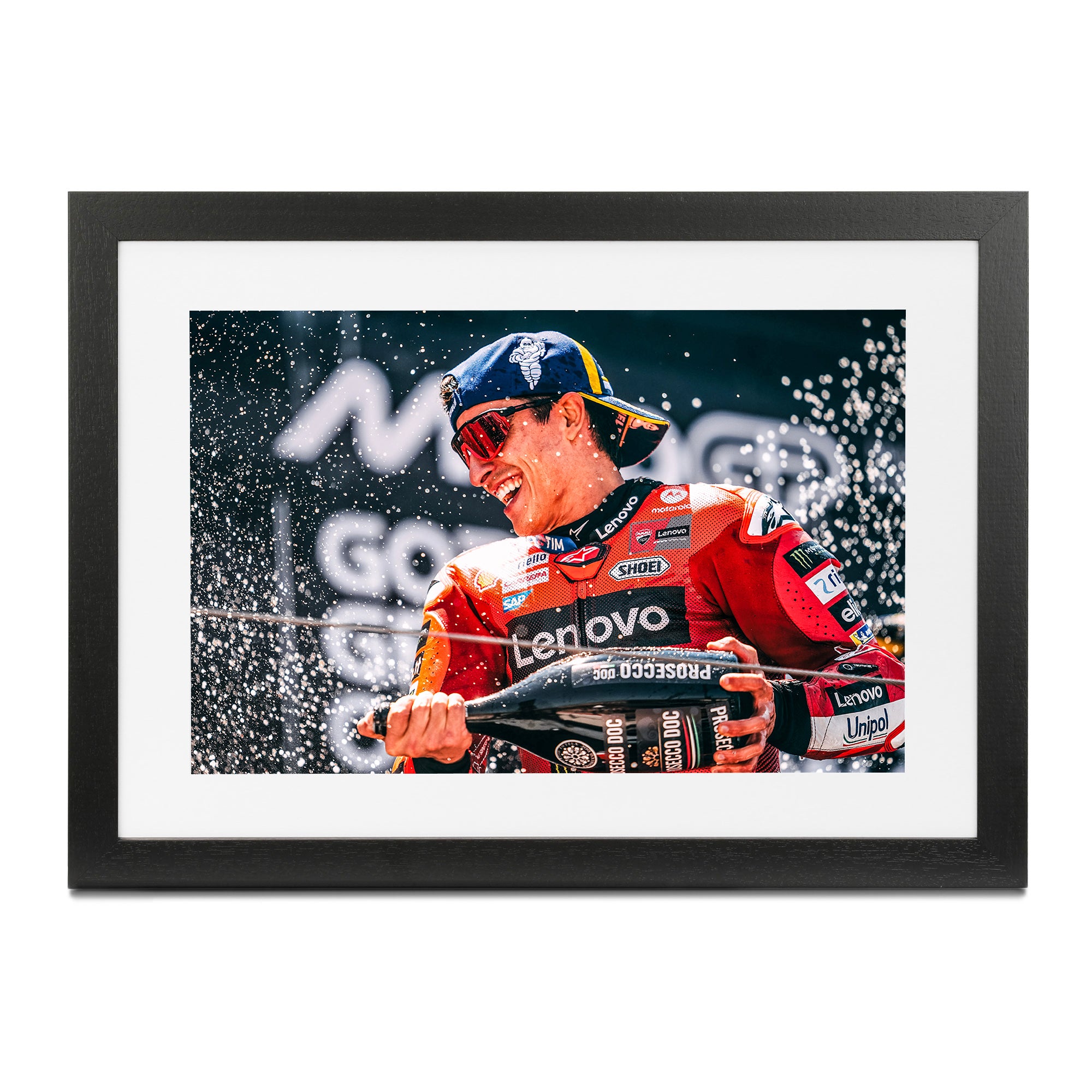 Marc Marquez Ducati Lenovo Podium Celebration Framed Print - Aragon 2025